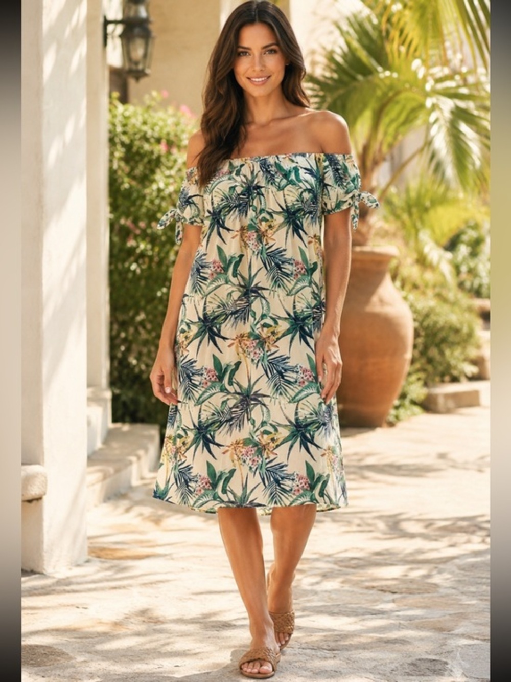 Pistache Made in Italy Tropical Palm Print Off-Shoulder Tencel Dress Medium